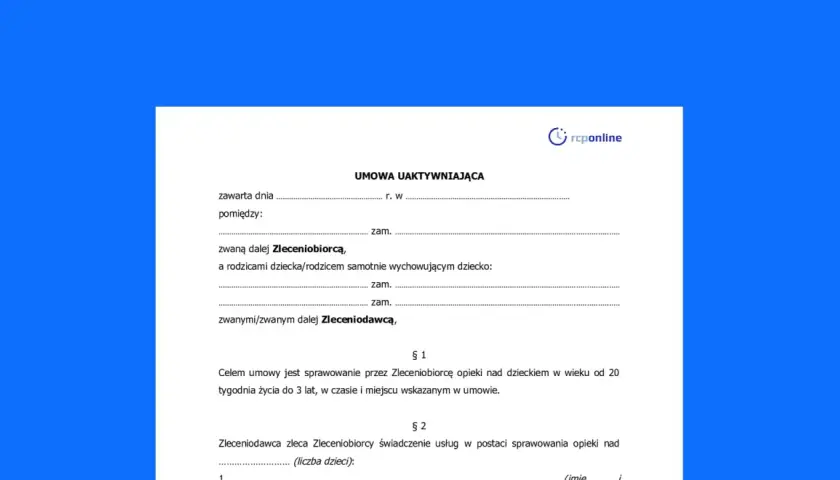 Umowa uaktywniająca, która reguluje świadczenie usług opieki nad dzieckiem. Dokument zawiera dane stron i cel umowy.