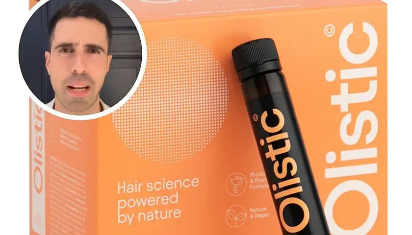 Hombre con expresión de sorpresa junto a caja y vial de Olistic, suplemento capilar con opinión de dermatólogo.