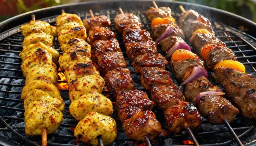 Brochettes de viande grillée, poulet et bœuf, sur un barbecue. Les braises rougeoient sous la grille.