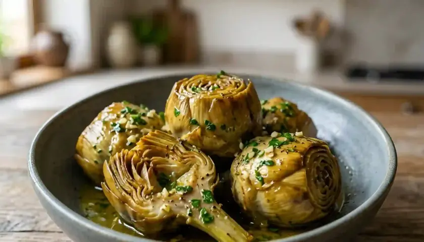 Artichauts à la romaine tendres et savoureux, nappés d'une sauce à l'ail et aux herbes, servis dans un plat en céramique.