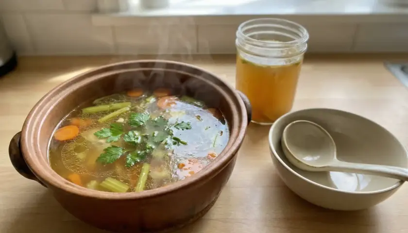 Varm kycklingsoppa med morötter och selleri i en terrakottaskål, perfekt för ett enkelt kycklingsoppa recept. En burk buljong och skålar står bredvid.
