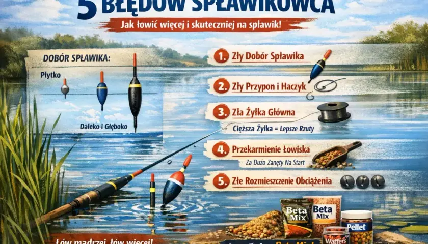 Ilustracja o wędkowaniu na spławik, pokazująca błędy i akcesoria, w tym różne spławiki. Zobacz, jak łowić mądrzej i więcej!
