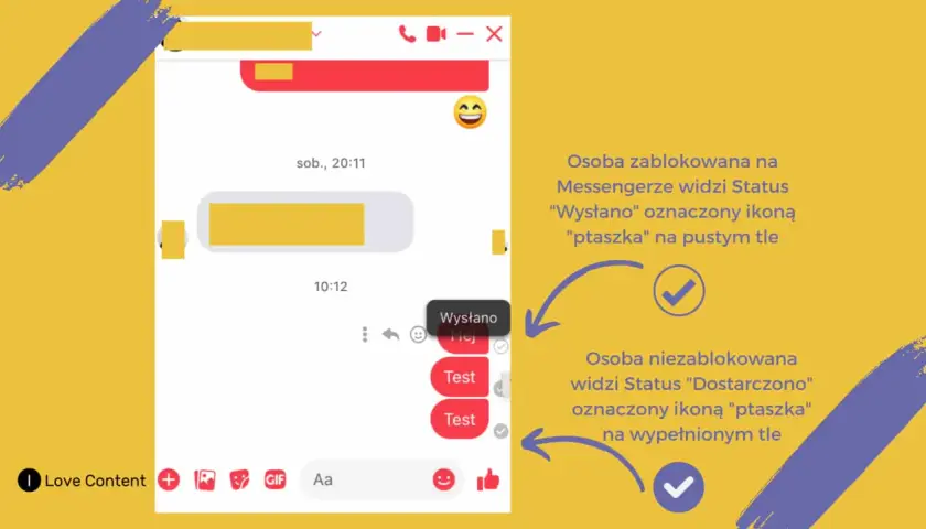 Osoba zablokowana na Messengerze widzi status "Wysłano" z pustym ptaszkiem.