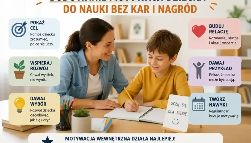 Jak zachęcić dziecko do nauki? Kobieta i chłopiec przy biurku, nauka z ciekawości, a nie dla nagród.