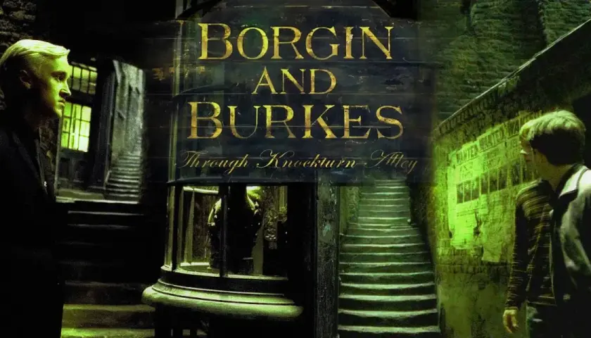Mroczna uliczka z napisem "Borgin and Burkes" i schodami. Po lewej Draco Malfoy, po prawej Harry Potter.