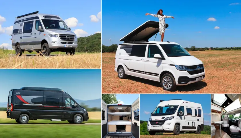 Collection de vans et fourgons aménagés, certains en extérieur, un avec une personne sur le toit, d'autres montrant l'intérieur.