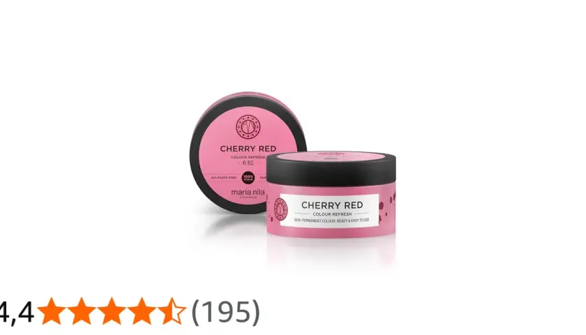 Två burkar Maria Nila Colour Refresh i nyansen Cherry Red. En öppen burk framför en stängd.