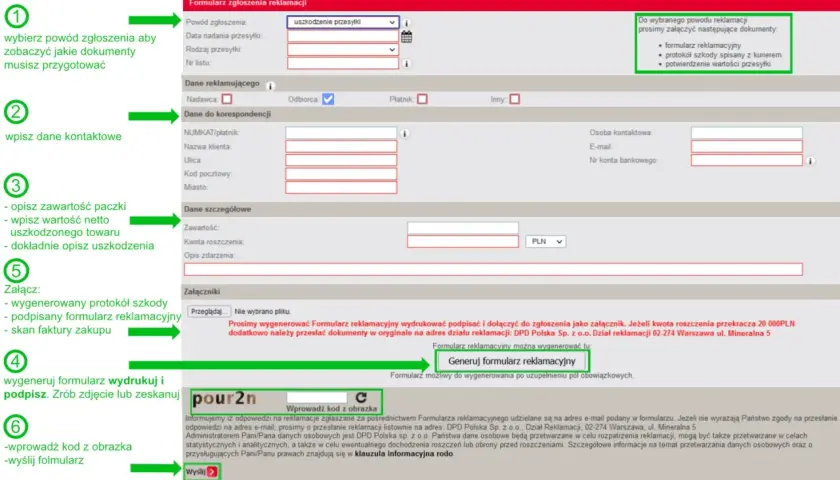 Formularz zgłoszenia reklamacji DPD. Wypełnij dane, opisz szkody i załącz dokumenty, aby zgłosić dpd skarga na kuriera.