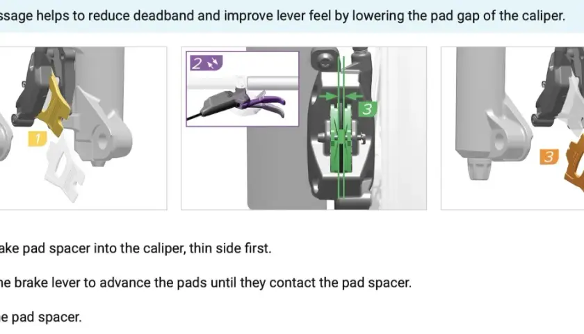 Illustrations show the SRAM pad advancement procedure: insert spacer, squeeze lever, remove spacer.