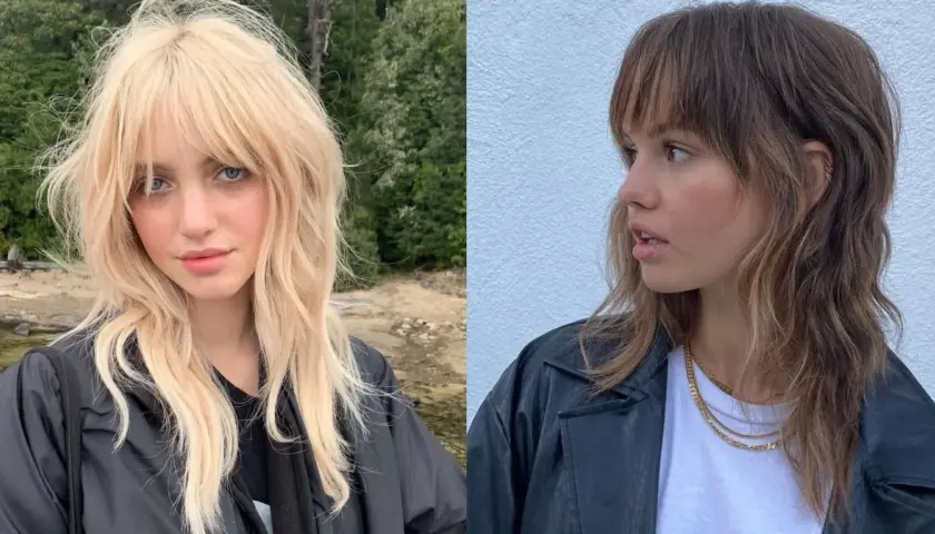 Dwie kobiety prezentują modną fryzurę wolf cut na prostych włosach. Jedna ma blond włosy i niebieskie oczy, druga brązowe.