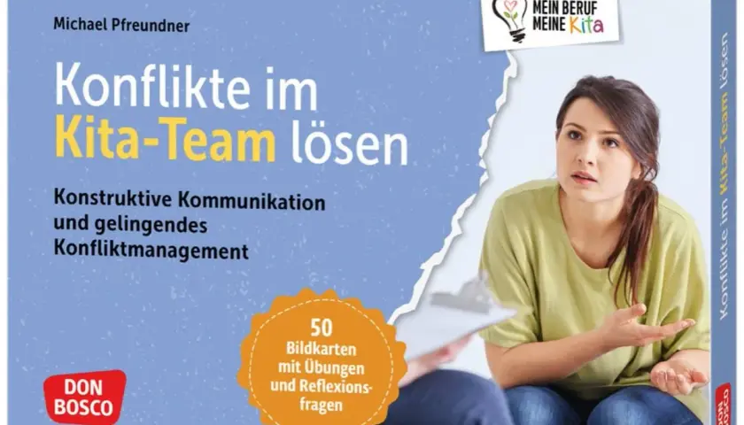 Buchcover: Frau im Gespräch, Titel "Konflikte im Kita-Team lösen", Michael Pfreundner, Don Bosco.