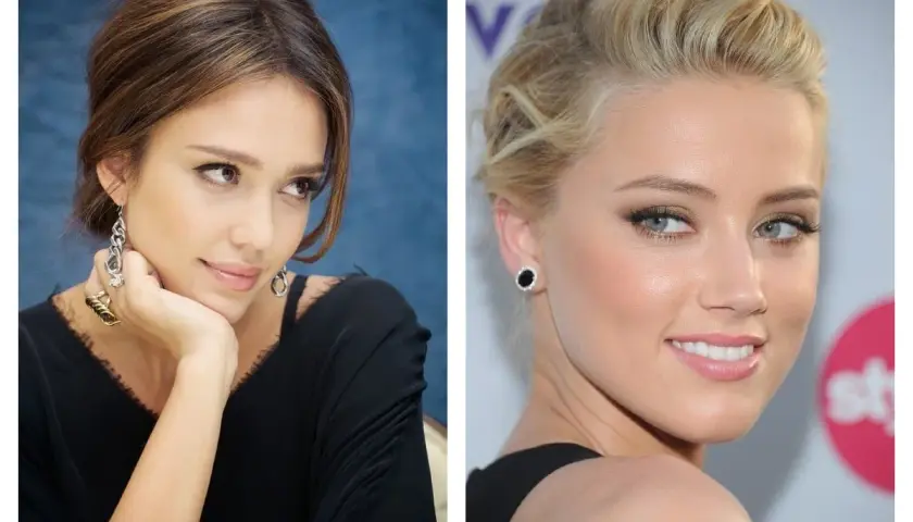 Deux portraits de femmes. À gauche, Jessica Alba, le menton posé sur sa main, bijou imposant. À droite, Amber Heard, souriante, le regard tourné, un maquillage subtil pour se maquiller naturellement.
