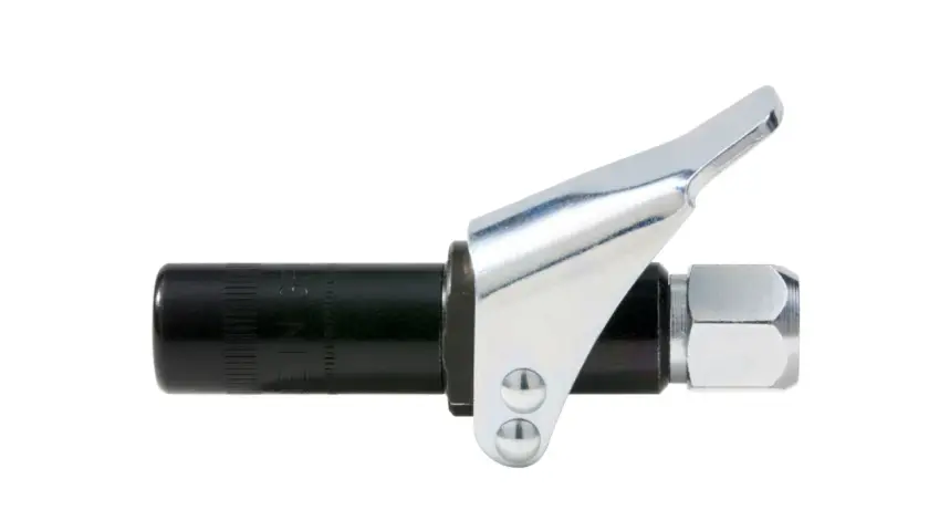Einhand-Fettpresse mit schwarzem Griff und glänzender Metallzange.
