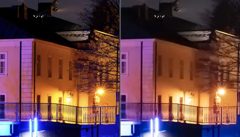 Porównanie zdjęć nocnych: lewe wyostrzono programem Topaz Denoise AI, prawe jest oryginalne. Widać różnicę w szczegółach i redukcji szumów.