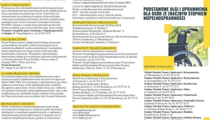 Osoby z orzeczeniem o niepełnosprawności mają ulgi: parkingowe, pocztowe, na przejazdy, bez kolejki do lekarza, abonamentowe.