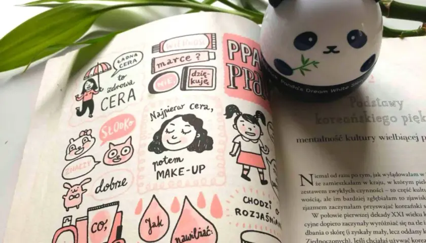 Urocza ilustracja z książki o koreańskiej pielęgnacji, gdzie ważniejsza jest zdrowa cera aniżeli makijaż.