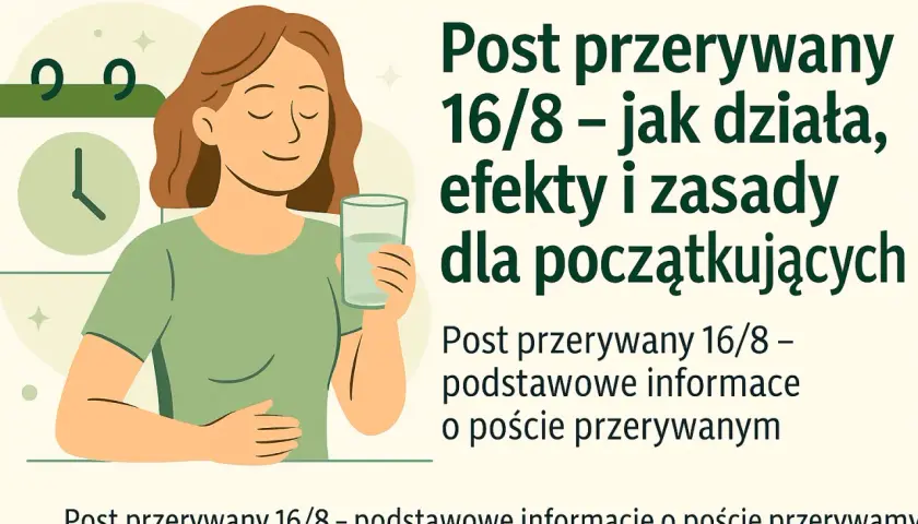 Kobieta z uśmiechem pije wodę, obok kalendarz i zegar. Czy post przerywany jest zdrowy? Dowiedz się o 16/8.