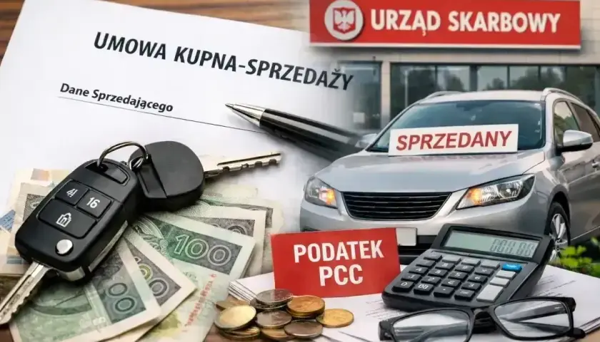 Umowa kupna-sprzedaży auta, kluczyki, pieniądze i kalkulator. Podatek PCC to opłata, którą trzeba uiścić w Urzędzie Skarbowym.