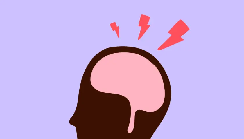 Silhouette de tête avec un cerveau rose et des éclairs rouges symbolisant le soulager céphalée de tension.