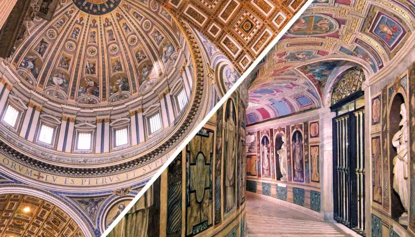 Interni della basilica di San Pietro: la cupola maestosa e un corridoio affrescato. Ricerca breve.