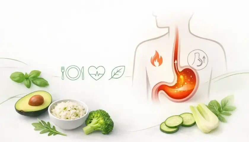 Zdrowa dieta z awokado, ryżem i warzywami pomoże na zgagę. Grafika przedstawia żołądek z płomieniem i ikonki zdrowia.