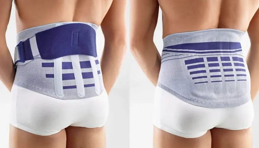 Zwei Ansichten einer Lumboloc-Bandage, die zur Linderung von Rückenschmerzen auf Rezept getragen wird.