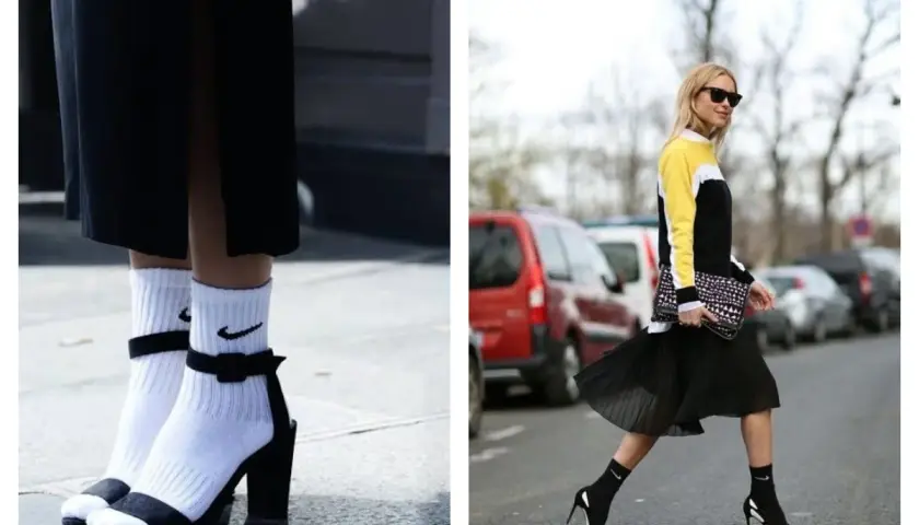 Deux looks audacieux : chaussette par-dessus chaussure avec des sandales à talons et une autre avec des escarpins.