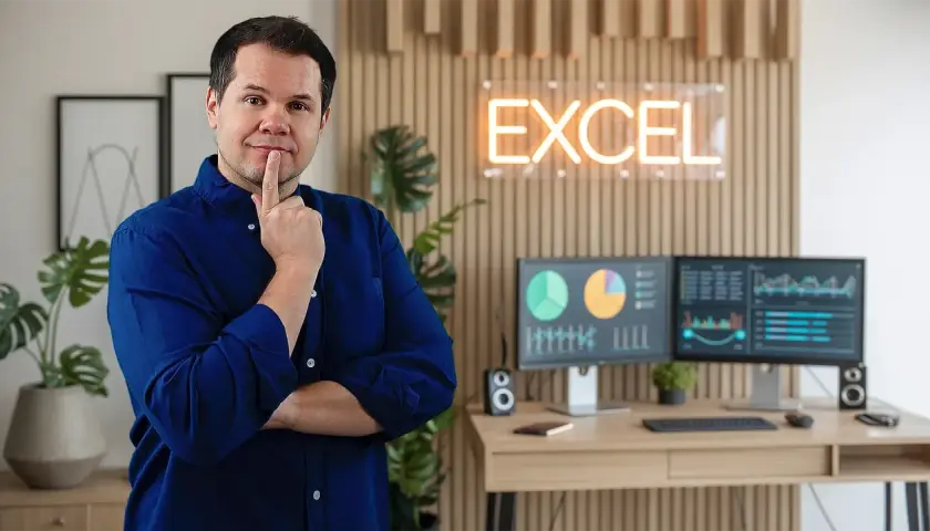 Mężczyzna zastanawia się, jak zrobic wykres w Excel. Na biurku dwa monitory z danymi i wykresami.