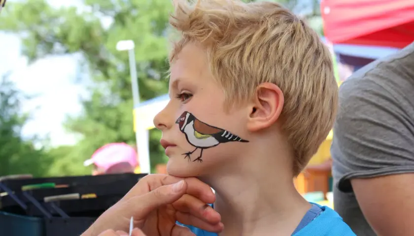 Ein Junge mit einem Vogel im Gesicht, der im Rahmen von "Vogel schminken Kinder" bemalt wird.
