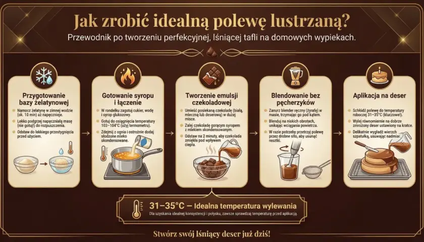 Instrukcja krok po kroku, jak przygotować idealną polewę lustrzaną z żelatyną. Proces obejmuje gotowanie syropu, tworzenie emulsji czekoladowej i blendowanie.