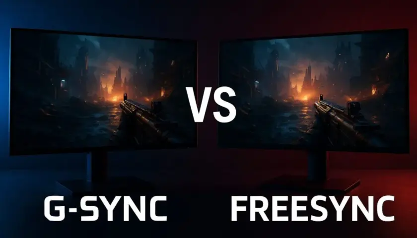 Deux écrans affichant une scène de jeu post-apocalyptique. L'un est marqué G-SYNC, l'autre FreeSync.