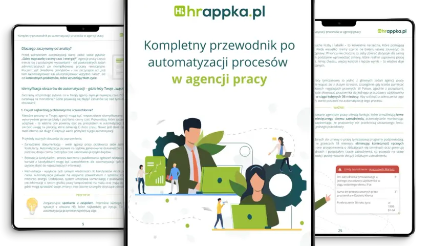 Kompletny przewodnik po automatyzacji procesów w agencji pracy. Grafika przedstawia ekrany urządzeń z artykułem o automatyzacji procesów w agencji pracy.