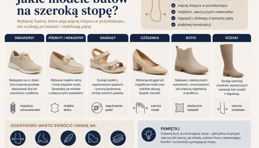 Buty na szeroką stopę: sneakersy, półbuty, sandały, czółenka, botki, kozaki. Szukaj modeli z szerszym przodem i elastycznymi materiałami.