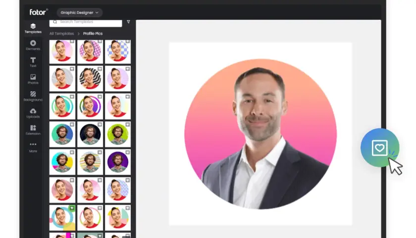 Mężczyzna w garniturze na tle gradientu. Po lewej stronie panel z szablonami, w tym wiele opcji na zdjecie profilowe meskie.