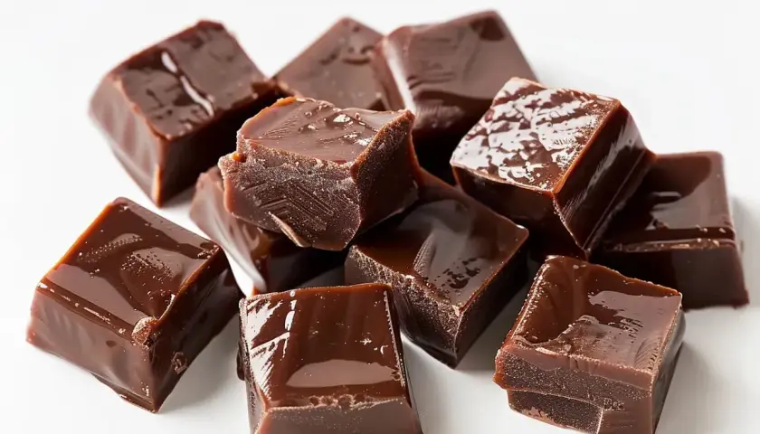 En hög med glansiga, mörka chokladbitar. Perfekt för ett enkelt chokladkola recept.