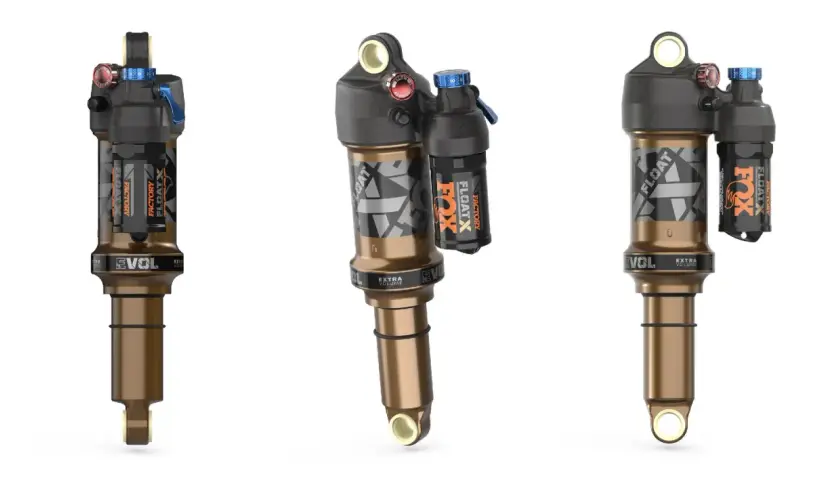 Three views of a Fox Float X Factory shock absorber, designed for mountain bikes, featuring a bronze body and black accents.