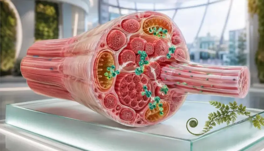 Przekrój włókna mięśniowego z widocznymi mitochondriami i cząsteczkami kinazy kreatynowej 400, symbolizującymi energię.
