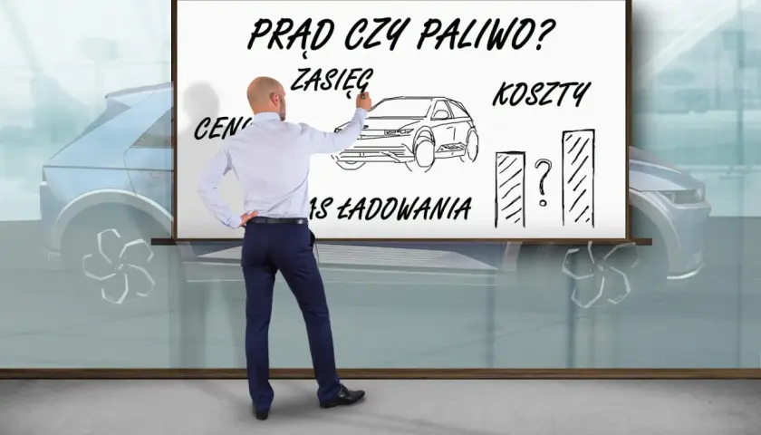 Mężczyzna pisze na tablicy "Prąd czy paliwo?", rysuje samochód i wykresy, zastanawiając się, ile kosztuje samochód elektryczny.