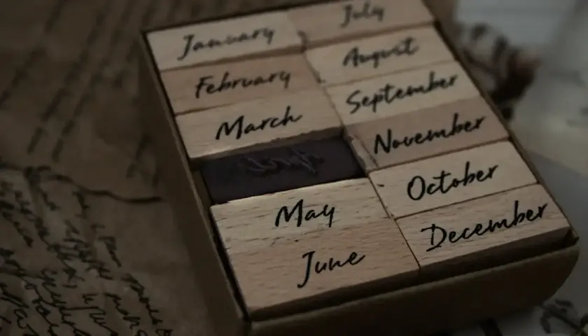 Drewniane stemple z nazwami miesięcy. Widać stempel z napisem "June" (czerwiec), obok "May" (maj) i "July" (lipiec).