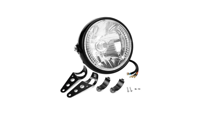 Faro anteriore moto universale nero con staffe di montaggio e cavi. Ideale per personalizzare la tua moto.