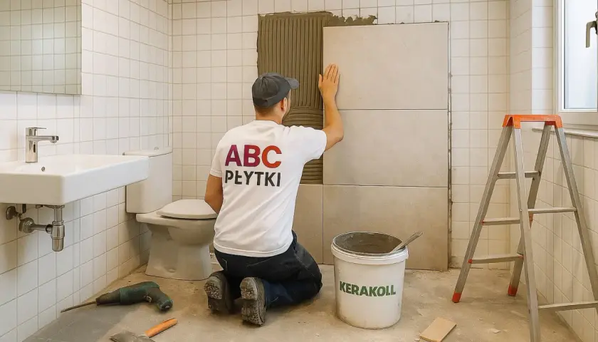 Fachowiec z koszulką "ABC PŁYTKI" układa płytki na płytki w łazience. Obok wiadro z zaprawą i drabina.