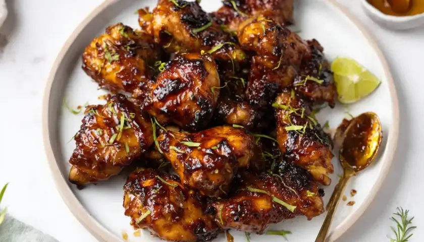 A plate of glazed chicken wings, garnished with lime zest and served with a spoon of glaze.