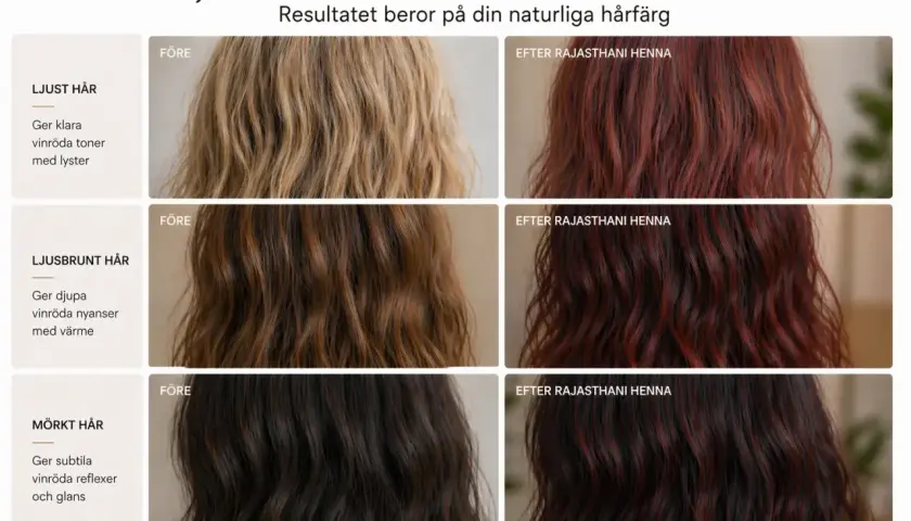 Före- och efterbilder visar hur herbique henna kastanjebrun ger livfulla vinröda toner på ljust, ljusbrunt och mörkt hår.