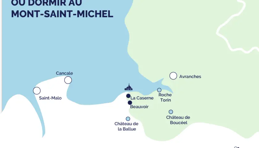Carte des options d'hébergement près du Mont-Saint-Michel, incluant des lieux comme Saint-Malo et Avranches. Idéal pour planifier votre séjour en camping-car.
