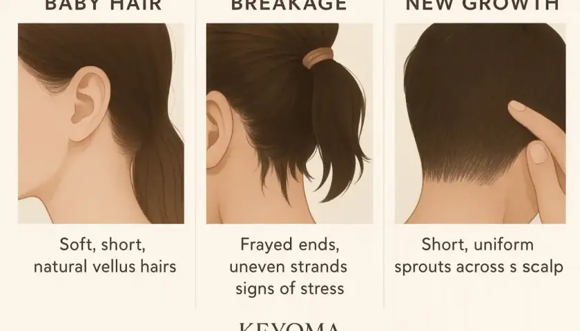 Ilustraciones de cabello: vello fino, puntas rotas y nuevo crecimiento. El nuevo crecimiento se ve como brotes cortos y uniformes en el cuero cabelludo.