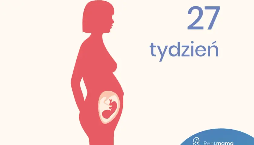 Sylwetka kobiety w ciąży, w brzuchu widoczny płód. Obok napis: 27 tydzień.