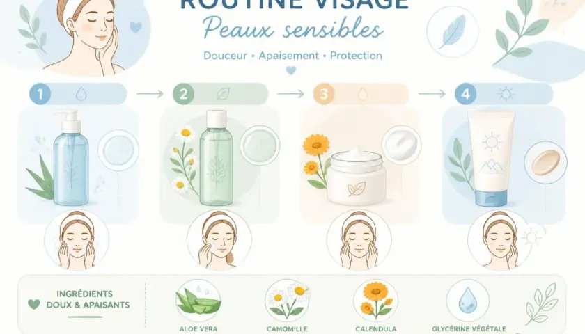 Routine visage pour peaux sensibles : 4 étapes avec aloe vera, camomille et calendula. Un conseil beauté pour une peau douce et apaisée.