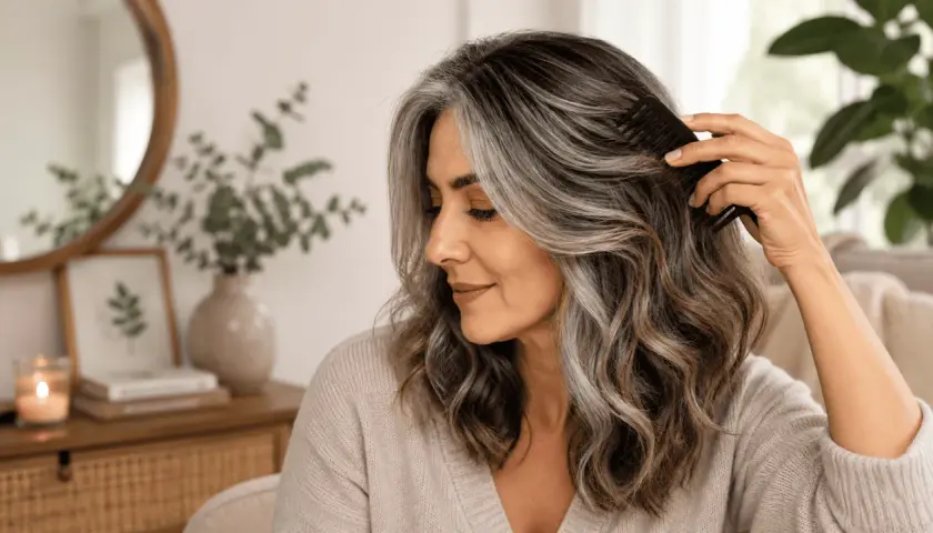Mujer peinando su hermoso pelo canoso, con mechones plateados que resaltan su estilo natural.