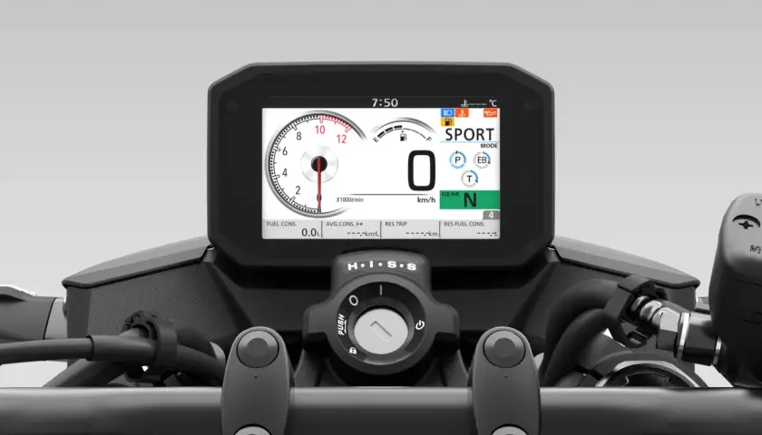 Panel de control de moto con pantalla digital mostrando modo SPORT, marcha N, velocímetro y tacómetro. El **par motor** se intuye en la potencia del motor.