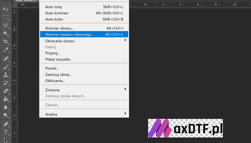 Jak zrobić logo MaxDTF.pl? W menu "Obraz" wybierz "Rozmiar obszaru roboczego..." (Alt+Ctrl+C).